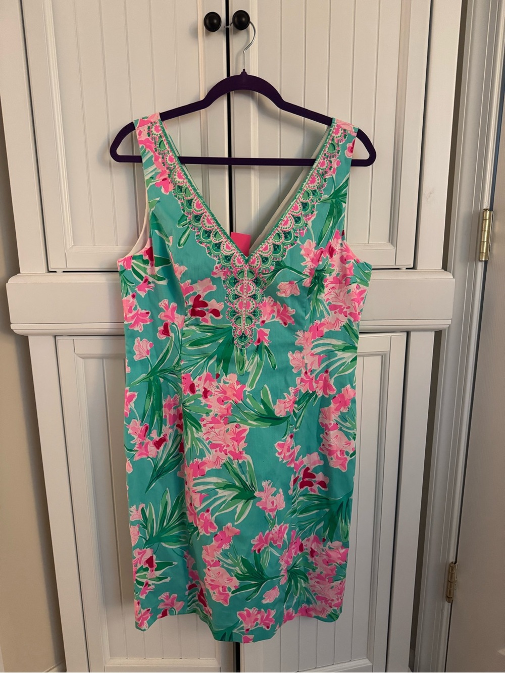 Lilly Pulitzer Turquoise Floral V-Neck Shift Dress with Pink Accents